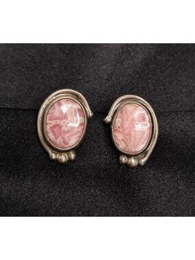 Vintage 90s-early 2000s Rhodochrosite 925 Sterling Silver Oval Earrings